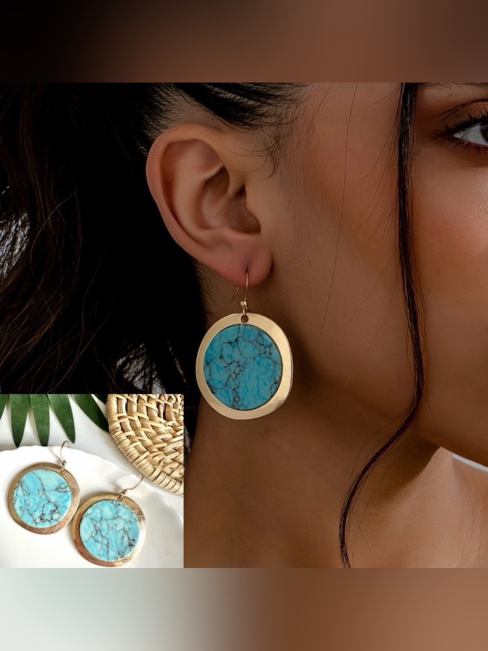 2/$30🌵 Gold Circle Turquoise Earrings Artisan Style Jewelry Boho Western NEW